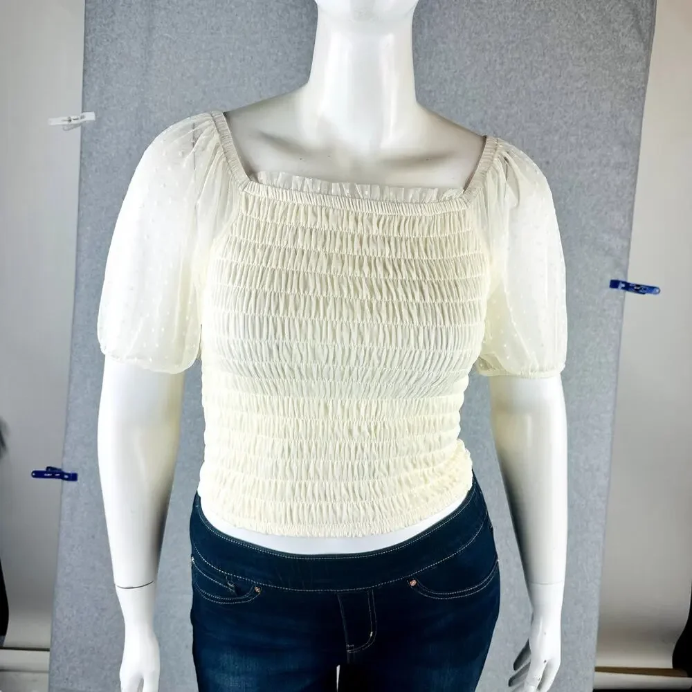 Torrid Womans Sz 5X Plus Blouse Smocked Dot Mesh Square Neck Crop Top Ivory NWT